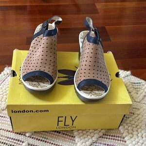 Fly London Women's Tan and Navy Peep Toe Sandals